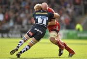 18 October 2014; Paul O'Connell, Munster, is tackled by David Seymour, Sale Sharks. European Rugby Champions Cup 2014/15, Pool 1, Round 1, Sale Sharks v Munster, AJ Bell Stadium, Sale, Greater Manchester, England. Picture credit: Brendan Moran / SPORTSFILE