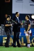18 October 2014; Ulster's Darren Cave is interviewed for BT Sport by Martin Bayfield. European Rugby Champions Cup 2014/15, Pool 3, Round 1, Leicester Tigers v Ulster, Welford Road, Leicester, England. Picture credit: Ramsey Cardy / SPORTSFILE