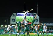 18 October 2014; Robbie Diack, Ulster, wins possession from a line-out. European Rugby Champions Cup 2014/15, Pool 3, Round 1, Leicester Tigers v Ulster, Welford Road, Leicester, England. Picture credit: Ramsey Cardy / SPORTSFILE
