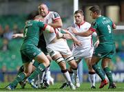 18 October 2014; Lewis Stevenson, Ulster, is tackled by  Leonardo Ghiraldini, Leicester Tigers. European Rugby Champions Cup 2014/15, Pool 3, Round 1, Leicester Tigers v Ulster, Welford Road, Leicester, England. Picture credit: John Dickson / SPORTSFILE