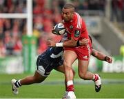 18 October 2014; Simon Zebo, Munster, is tackled by Johnny Leota, Sale Sharks. European Rugby Champions Cup 2014/15, Pool 1, Round 1, Sale Sharks v Munster, AJ Bell Stadium, Sale, Greater Manchester, England. Picture credit: Brendan Moran / SPORTSFILE
