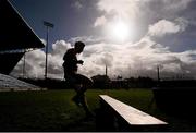 19 October 2014; Donal Newcombe, Castlebar Mitchels captain, arrives first for the official team photograph. Mayo County Senior Football Championship Final, Castlebar Mitchels v Ballintubber, MacHale Park, Castlebar, Co. Mayo. Picture credit: David Maher / SPORTSFILE