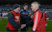 19 October 2014; St Brigid's manager Benny O'Brien, left, shakes hands with St. Faithleachs manager Enon Gavin at the end of the game. Roscommon County Senior Football Championship Final, St Brigid's v St. Faithleach, Hyde Park, Roscommon. Picture credit: Barry Cregg / SPORTSFILE