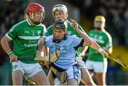 19 October 2014; Peter Casey, Na Piarsaigh, in action against Liam Hurley, left, and Aaron Costello, Kilmallock. Limerick County Senior Hurling Championship Final, Na Piarsaigh v Kilmallock, Gaelic Grounds, Limerick. Picture credit: Diarmuid Greene / SPORTSFILE