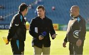19 October 2014; Former Ireland and Leinster, and current BT Sport analyst, Brian O'Driscoll, centre, with Wasps backs coach Stephen Jones, left, and Dan Baugh, Head of Strength & Conditioning, Wasps, before the game. European Rugby Champions Cup 2014/15, Pool 2, Round 1, Leinster v Wasps, RDS, Ballsbridge, Dublin. Picture credit: Brendan Moran / SPORTSFILE