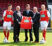 12 April 2007; St Patrick's Athletic is delighted to announce a new sponsorship agreement with Paddy Power, Ireland's biggest bookmaker. The 3 year deal will see the Paddy Power logo appear on the famous shirts worn by St Patrick's Athletic to the end of the 2009 season. It is the biggest commercial sponsorship deal in the history of the League of Ireland and is reported to be worth a substantial six figure sum to the club. Pictured at the announcement are, from left, Brendan Clarke, Johnny McDonnell, Manager, St Patrick's Athletic, Adam Perrin, Sponsorship Manager, Paddy Power, Brian Kerr, Director of Football, St Patrick's Athletic and Barry Ryan. Richmond Park, Dublin. Picture credit: Brendan Moran / SPORTSFILE