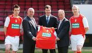 12 April 2007; St Patrick's Athletic is delighted to announce a new sponsorship agreement with Paddy Power, Ireland's biggest bookmaker. The 3 year deal will see the Paddy Power logo appear on the famous shirts worn by St Patrick's Athletic to the end of the 2009 season. It is the biggest commercial sponsorship deal in the history of the League of Ireland and is reported to be worth a substantial six figure sum to the club. Pictured at the announcement are, from left, Brendan Clarke, Johnny McDonnell, Manager, St Patrick's Athletic, Adam Perrin, Sponsorship Manager, Paddy Power, Brian Kerr, Director of Football, St Patrick's Athletic and Barry Ryan. Richmond Park, Dublin. Picture credit: Brendan Moran / SPORTSFILE