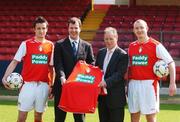 12 April 2007; St Patrick's Athletic is delighted to announce a new sponsorship agreement with Paddy Power, Ireland's biggest bookmaker. The 3 year deal will see the Paddy Power logo appear on the famous shirts worn by St Patrick's Athletic to the end of the 2009 season. It is the biggest commercial sponsorship deal in the history of the League of Ireland and is reported to be worth a substantial six figure sum to the club. Pictured at the announcement are, from left, Brendan Clarke, Adam Perrin, Sponsorship Manager, Paddy Power, Brian Kerr, Director of Football, St Patrick's Athletic and Barry Ryan. Richmond Park, Dublin. Picture credit: Brendan Moran / SPORTSFILE