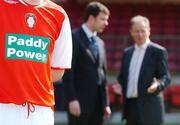 12 April 2007; St Patrick's Athletic is delighted to announce a new sponsorship agreement with Paddy Power, Ireland's biggest bookmaker. The 3 year deal will see the Paddy Power logo appear on the famous shirts worn by St Patrick's Athletic to the end of the 2009 season. It is the biggest commercial sponsorship deal in the history of the League of Ireland and is reported to be worth a substantial six figure sum to the club. Pictured at the announcement is Adam Perrin, left, Sponsorship Manager, Paddy Power, in conversation with Brian Kerr, Director of Football, St Patrick's Athletic. Richmond Park, Dublin. Picture credit: Brendan Moran / SPORTSFILE