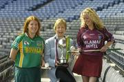 16 April 2007; Division 3 captains Aileen Donnelly, Meath, left, and Lorraine Leavey, Westmeath, right, with Liz Howard, President of the Camogie Association, at a photocall ahead of the Camogie Division 2 and 3 National League finals. Croke Park, Dublin. Picture credit: Pat Murphy / SPORTSFILE