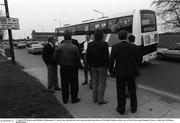 11 April 1993; Bohemians players and officials unload the team bus after it broke down in Whithall, Dublin, enroute to Oriel Park ahead of the Bord Gáis National League Premier Division match between Dundalk and Bohemians at Oriel Park in Dundalk, Louth.  Photo by Ray McManus/Sportsfile
