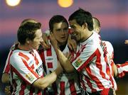 17 April 2007; Kevin Deery, centre, Derry City, celebrates after scoring his side's first goal with team-mate's Barry Molloy, left, and Killian Brennan. Setanta Cup Group 1, Drogheda United v Derry City, United Park, Drogheda, Co. Louth. Picture credit; David Maher / SPORTSFILE