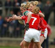 21 April 2007; Ciara McDermot, Mayo, in action against Sinead O'Reilly, no.7, and Angela Walsh, Cork. Suzuki Ladies National Football League Division 1 Semi-Final, Cork v Mayo, Banagher, Co. Offaly. Picture credit; Matt Browne / SPORTSFILE