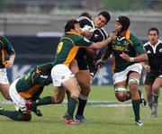 21 April 2007; Robert Fruean, New Zealand, is tackled by Gerritt Van Velze, left, Francois Hougaard, centre, and Cornell Hess, South Africa. IRB U19 World Cup Final, South Africa v New Zealand, Ravenhill Park, Belfast, Co. Antrim. Picture credit: Oliver McVeigh / SPORTSFILE