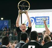 21 April 2007; New Zealand captain Chris Smith lifts the IRB Under 19 World Trophy after victory in the final. IRB U19 World Cup Final, South Africa v New Zealand, Ravenhill Park, Belfast, Co. Antrim. Picture credit: Oliver McVeigh / SPORTSFILE