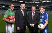 20 October 2014; #TheToughest – Denis O’Callaghan, Head of Branch Banking, AIB, and Uachtarán Chumann Lúthchleas Gael Liam Ó Néill with Rower Inistioge's Kieran Joyce, left, and Cratloe dual player Podge Collins the launch of the AIB GAA Club Championships. For exclusive content and to see why the AIB Club Championships are #TheToughest follow us @AIB_GAA and on Facebook at facebook.com/AIBGAA. Picture credit: Stephen McCarthy / SPORTSFILE