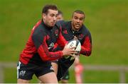 20 October 2014; Munster's Simon Zebo, right, and JJ Hanrahan in action during squad training ahead of their European Rugby Champions Cup, Pool 1, Round 2, match against Saracens on Friday. University of Limerick, Limerick. Picture credit: Diarmuid Greene / SPORTSFILE