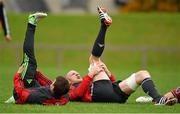 20 October 2014; Munster's Paul O'Connell, right, and Ian Keatley stretch during squad training ahead of their European Rugby Champions Cup, Pool 1, Round 2, match against Saracens on Friday. University of Limerick, Limerick. Picture credit: Diarmuid Greene / SPORTSFILE
