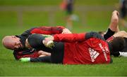 20 October 2014; Munster's Paul O'Connell, left, and Ian Keatley stretch during squad training ahead of their European Rugby Champions Cup, Pool 1, Round 2, match against Saracens on Friday. University of Limerick, Limerick. Picture credit: Diarmuid Greene / SPORTSFILE