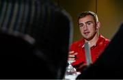20 October 2014; Munster's Tommy O'Donnell speaks to the media during a press conference ahead of their European Rugby Champions Cup, Pool 1, Round 2, match against Saracens on Friday. Castletroy Park Hotel, Limerick. Picture credit: Diarmuid Greene / SPORTSFILE