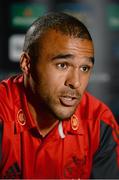 20 October 2014; Munster's Simon Zebo during a press conference ahead of their European Rugby Champions Cup, Pool 1, Round 2, match against Saracens on Friday. Castletroy Park Hotel, Limerick. Picture credit: Diarmuid Greene / SPORTSFILE