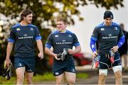 21 October 2014; Leinster's Kane Douglas, left, Tadgh Furlong, centre, and Jack Conan arrive for squad training ahead of their European Rugby Champions Cup, Pool 2, Round 2, match against Castres on Sunday. Leinster Rugby Squad Training, Rosemount, Belfield, Dublin. Picture credit: Ramsey Cardy / SPORTSFILE