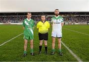 19 October 2014; Referee Noel McKenna with captains Liam Callaghan, left, Sarsfields, and Ronan Sweeney, Moorefield, before the game. Kildare County Senior Football Championship Final, Sarsfields v Moorefield, St Conleth's Park, Newbridge, Co. Kildare. Picture credit: Piaras Ó Mídheach / SPORTSFILE