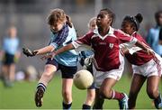 23 October 2014; Ally Gormley, St Mary's NS, Garristown, in action against Kismot Ahmed, St. Luke's NS, Tyrrelstown, right, during the Corn Na Laoch Final. Allianz Cumann na mBunscol Finals, Croke Park, Dublin. Picture credit: Pat Murphy / SPORTSFILE