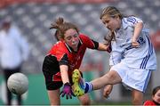 23 October 2014; Lauren Kearney, Bishop Galvin NS, Templeogue, in action against Sarah Gleeson, St Colmcille's SNS, Knocklyon, left, during the Austin Finn Shield final. Allianz Cumann na mBunscol Finals, Croke Park, Dublin. Picture credit: Pat Murphy / SPORTSFILE