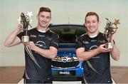 24 October 2014; Kerry footballer James O'Donoghue, left, and Kilkenny hurler Richie Hogan, right, with their 2014 GAA GPA All-Star Player of the Year awards. Convention Centre, Dublin. Photo by Sportsfile