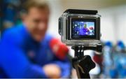 24 October 2014; Leinster's Jamie Heaslip on the screen of a go-pro camera during a press conference ahead of their European Rugby Champions Cup, Pool 2, Round 2, match against Castres on Sunday. Leinster Rugby Press Conference, Leinster Rugby HQ, Belfield, Dublin. Picture credit: Pat Murphy / SPORTSFILE
