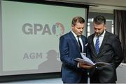 24 October 2014; Dessie Farrell, left, CEO, GPA, in conversation with Donal Og Cusack, Chairman of the GPA, at the Gaelic Players Association Annual General Meeting 2014. Gibson Hotel, Dublin. Picture credit: Brendan Moran / SPORTSFILE