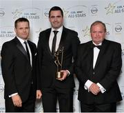 24 October 2014; Donegal footballer Paul Durcan is presented with his 2014 GAA GPA All-Star award by Uachtarán Chumann Lúthchleas Gael Liam Ó Néill and Dessie Farrell, Chief Executive of the Gaelic Players Association. GAA GPA All-Star Awards 2014 Sponsored by Opel. Convention Centre, Dublin. Picture credit: Brendan Moran / SPORTSFILE