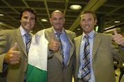 24 April 2007; Ireland's Kyle McCallan, left, Jeremy Bray, centre, and Andrew White on the teams return from the ICC 2007 Cricket World Cup. Dublin Airport, Dublin. Picture credit: Pat Murphy / SPORTSFILE