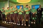 25 April 2007; Out-going coach Adrian Birrel, second from right, is aplauded by the players and incoming coach Phil Simmons, right, as he officially stood down as team coach at the official welcome home reception for the Ireland cricket team. Shelbourne Hotel, St. Stephen's Green, Dublin. Picture credit: Pat Murphy / SPORTSFILE