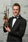 24 October 2014; Mayo footballer Cillian O'Connor with his 2014 GAA GPA All-Star award at the 2014 GAA GPA All-Star Awards, sponsored by Opel. Convention Centre, Dublin. Photo by Sportsfile