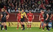 24 October 2014; Rhys Gill, Saracens, is shown a yellow card by referee Jerome Garces. European Rugby Champions Cup 2014/15, Pool 1, Round 2, Munster v Saracens, Thomond Park, Limerick. Picture credit: Matt Browne / SPORTSFILE