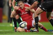 24 October 2014; Andrew Conway, Munster, drops the ball on the tryline after being tackled by Jamie George and Jamie George, Saracens. European Rugby Champions Cup 2014/15, Pool 1, Round 2, Munster v Saracens, Thomond Park, Limerick. Pictuer credit: Matt Browne / SPORTSFILE