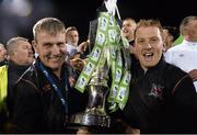 24 October 2014; Dundalk manager Stephen Kenny and assistant manager Vinny Perth celebrate with the league trophy. SSE Airtricity League Premier Division, Dundalk v Cork City, Oriel Park, Dundalk, Co. Louth. Picture credit: David Maher / SPORTSFILE