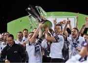 24 October 2014; Dundalk captain Stephen O'Donnell, left, and Andy Boyle lift the SSE Airtricity League Premier Division trophy. SSE Airtricity League Premier Division, Dundalk v Cork City, Oriel Park, Dundalk, Co. Louth. Picture credit: Ramsey Cardy / SPORTSFILE