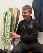 24 October 2014; Dundalk manager Stephen Kenny with the league trophy after the game. SSE Airtricity League Premier Division, Dundalk v Cork City, Oriel Park, Dundalk, Co. Louth. Picture credit: David Maher / SPORTSFILE