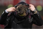 24 October 2014; Former Ireland and Leinster centre, and current BT Sport analyst, Brian O'Driscoll puts on his scarf at half-time. European Rugby Champions Cup 2014/15, Pool 1, Round 2, Munster v Saracens. Thomond Park, Limerick. Picture credit: Diarmuid Greene / SPORTSFILE