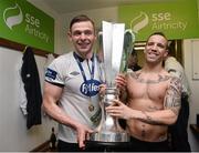 24 October 2014; Dundalk players Andy Boyle, left, and Darren Meehan celebrate in the team dressing room at the end of the game. SSE Airtricity League Premier Division, Dundalk v Cork City, Oriel Park, Dundalk, Co. Louth. Picture credit: David Maher / SPORTSFILE
