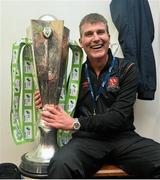 24 October 2014; Dundalk manager Stephen Kenny celebrates in the team dressing room after of the game. SSE Airtricity League Premier Division, Dundalk v Cork City, Oriel Park, Dundalk, Co. Louth. Picture credit: David Maher / SPORTSFILE