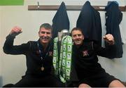 24 October 2014; Dundalk manager Stephen Kenny, left, and assistant manager Vinny Perth celebrate in the team dressing room after of the game. SSE Airtricity League Premier Division, Dundalk v Cork City, Oriel Park, Dundalk, Co. Louth. Picture credit: David Maher / SPORTSFILE