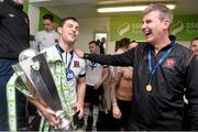 24 October 2014; Dundalk manager Stephen Kenny  celebrates with Patrick Hoban in the dressing room after the game. SSE Airtricity League Premier Division, Dundalk v Cork City, Oriel Park, Dundalk, Co. Louth. Picture credit: David Maher / SPORTSFILE