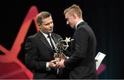 24 October 2014; James O'Donoghue, Kerry, is presented with the Footballer of the Year award by Dessie Farrell, CEO, GPA, during the 2014 GAA GPA All-Star Awards, sponsored by Opel. Convention Centre, Dublin.  Picture credit: Brendan Moran / SPORTSFILE