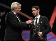 24 October 2014; Young Footballer of the Year Ryan McHugh, Donegal, is interviewed by MC Michael Lyster during the 2014 GAA GPA All-Star Awards, sponsored by Opel. Convention Centre, Dublin. Picture credit: Brendan Moran / SPORTSFILE