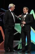 24 October 2014; Hurler of the year, Richie Hogan, Kilkenny, is interviewed by MC Michael Lyster during the 2014 GAA GPA All-Star Awards, sponsored by Opel. Convention Centre, Dublin.  Picture credit: Brendan Moran / SPORTSFILE