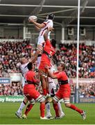 25 October 2014; Franco Van Der Merwe, Ulster, wins possession in a lineout against Romain Taofifenua, RC Toulon. European Rugby Champions Cup 2014/15, Pool 3, Round 2, Ulster v RC Toulon, Kingspan Stadium, Ravenhill Park, Belfast, Co. Antrim. Picture credit: Oliver McVeigh / SPORTSFILE